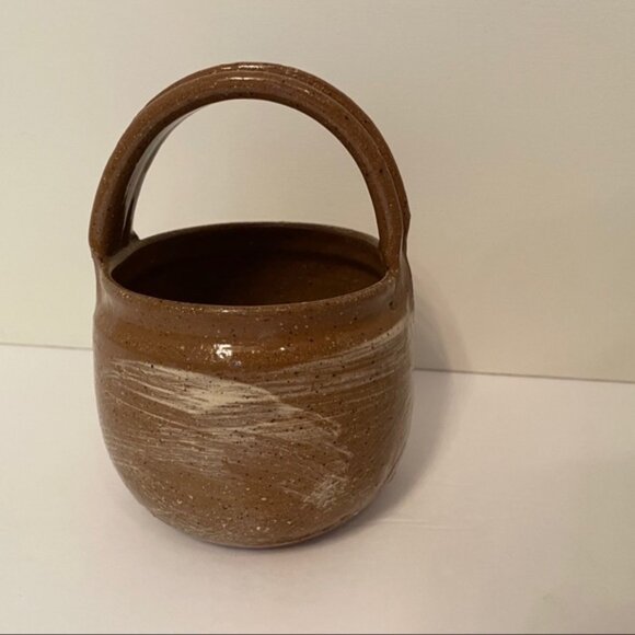 JAYE POTTERY BOWL PLANTER HANDLE BASKET BROWN HANDMADE HOME ACCENT DECOR - Picture 1 of 6